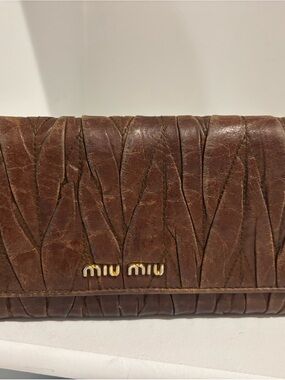 Miu Miu Chocolate Brown Quilted Leather Wallet with Gold Logo